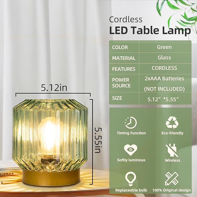 Battery Operated Lamp with Timer, Cordless Lamps for Areas No Outlets, Decorative LED Small Lamp with Original Vintage Lantern Design, Glass Mood Light for Entryway, Bedroom,Bathroom (Green)
