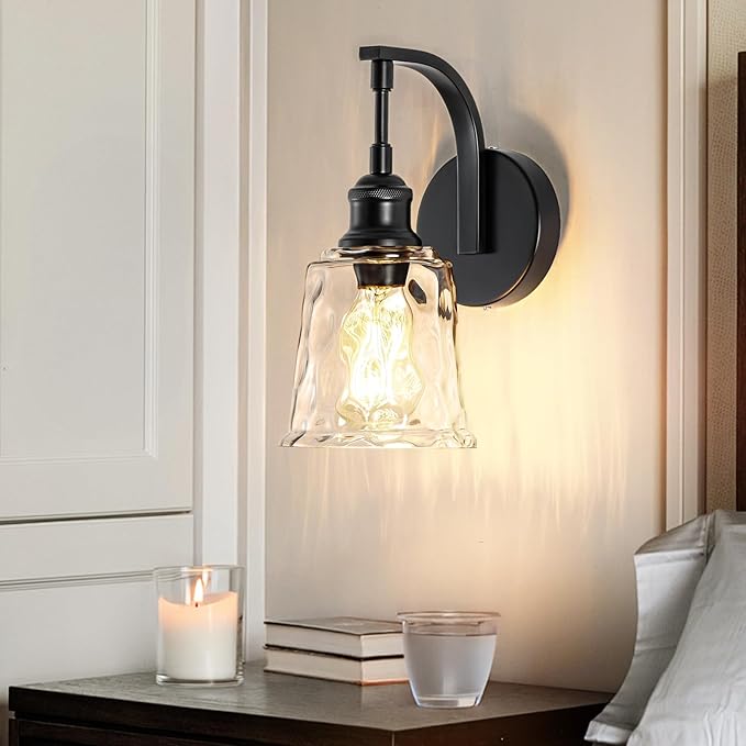 Blck Wall Sconce, Modern Matte Black Sconces Wall Lighting, Vintage Glass Light Fixtures for Bathroom Vanity Mirror Living Room Bedroom Kitchen Hallway Stairway E26 Hardwire