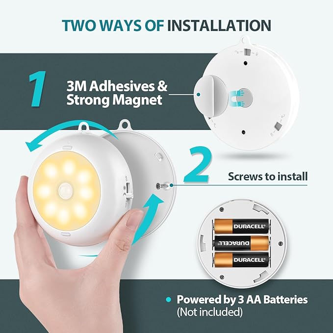Motion Sensor Light Indoor AA Battery Operated, Under Cabinet Lighting, Magnetic Stick on LED Puck Lights for Stair, Wall, Closet, Dimmable, 3000K Warm White (3 Pack)
