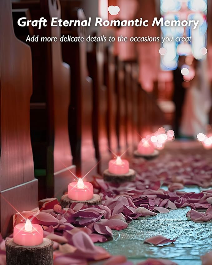 LED Candles, 24 Pack Tea Lights Candle Battery Operated, Flameless Tealight Votives, Realistic Tea Lights for Wedding Home Party Decor -D 1.5" x H 1.25" -Pink Light