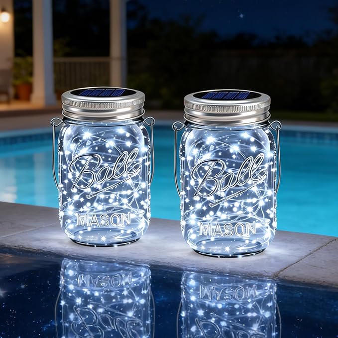 VOOKRY 12 Pack Solar Mason Jar Lights, 30 LED Mason Jar Lids Waterproof Firefly Fairy String Lights with 12 Hangers(No Jars), for Outdoor Patio Garden Yard Lawn Party Wedding Decoration - Cool White