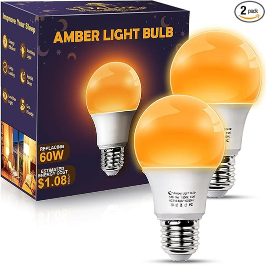 Amber Sleep Light Bulbs, Blue Light Blocking, A19 9W(60 Watt Equivalent) Dim Light Bulbs for Lamp, 1800K Warm Light Bulb, E26 for Healthy Sleep, Bedroom, Kids Room, 2 Pack