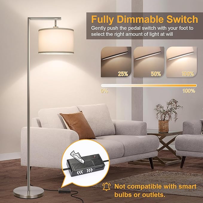 Boncoo Dimmable Silver Floor Lamp, Brushed Nickel Floor Lamps for Living Room with Adjustable White Shade, Tall Standing Lamp Modern Reading Light for Bedroom Office Nursery, 9W LED Bulb Included