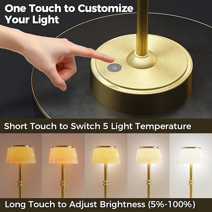 LED Cordless Lamp, 5 Colors Stepless Dimming Table Lamp, Built-in 4400mAh Rechargeable Battery with USB Charging Port, Portable Touch Bedside Light for Patio, Restaurant, Dining (1, Gold)