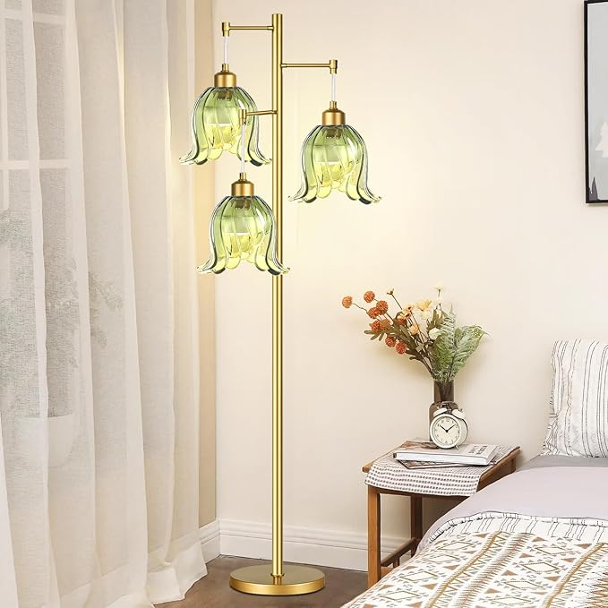 Gold Floor Lamp for Living Room,Bedroom,Tree 3 Light Standing Lamp Mid Century Modern Brass Tall Floor Lamps Vintage Retro Floor Lights Green Glass Flower Lamp Shade Farmhouse Boho Bohemian