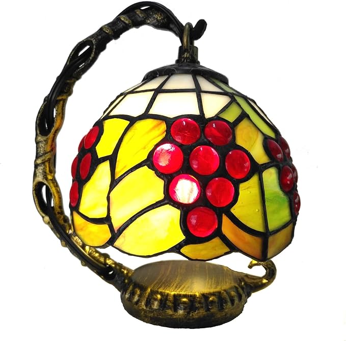 Bieye L10554 Grapes Tiffany Style Stained Glass Mini Table Lamp Night Light for Bedside Living Room, 7-inch Tall