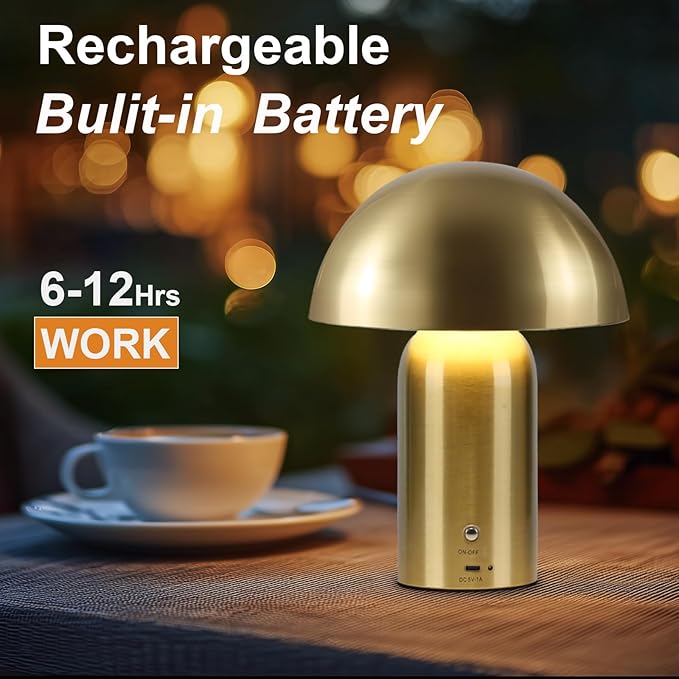 Gold Cordless Table Lamp, LED Rechargeable Battery Operated Desk Lamp, 3-Way Dimming Touch Lamps for Living Room, Small Bedside Nightstand Light for Bedroom