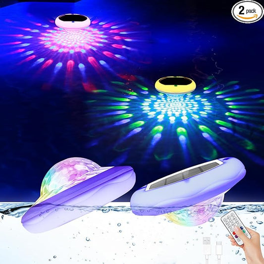 Solar Floating Pool Lights(2 Pack), Rechargeable Pool Lights that Float with Remote, 6.7'' 2600mAh IP68 Waterproof Floating Light 13 Colors Upper and Lower Glow Solar Light for Pools