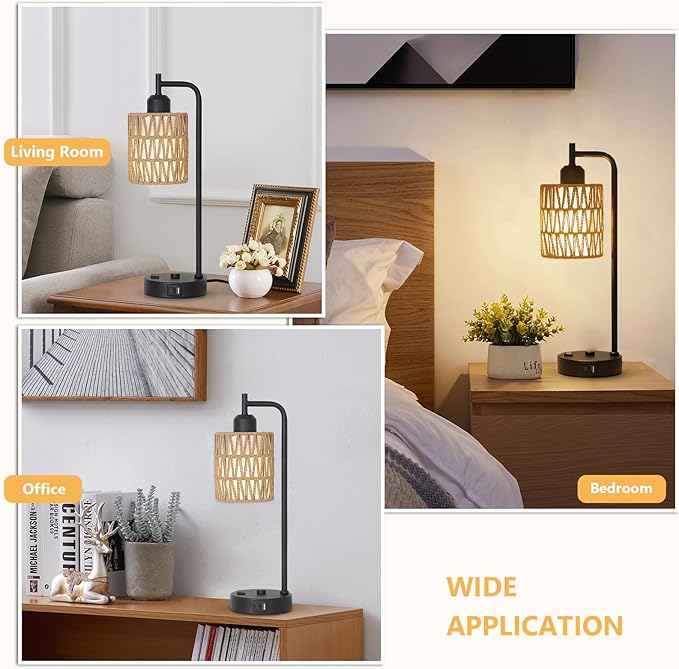 Touch Control Boho Table Lamps Set of 2, 3 Way Dimmable Desk Lamp with LED Bulbs, Rattan Bedside Lamp for Bedroom With Charging Ports and Outlet, Small Nightstand Lamp for Living Room Home Office