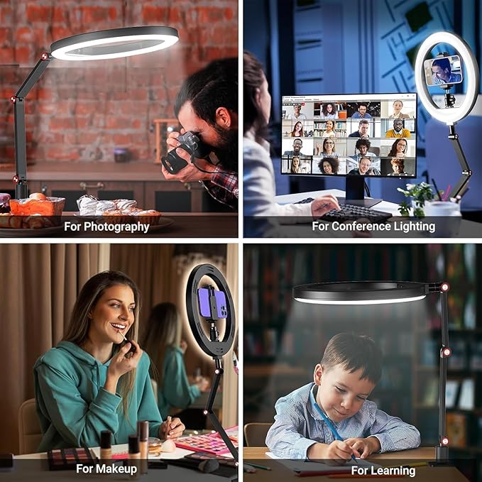 APEXEL 10" Ring Light for Desk, Ring Light with Stand and Phone Holder, Overhead Camera Mount with C-Clamp, 360° Rotate & Adjust Arm for Photography/Makeup/Live Stream Video/YouTube