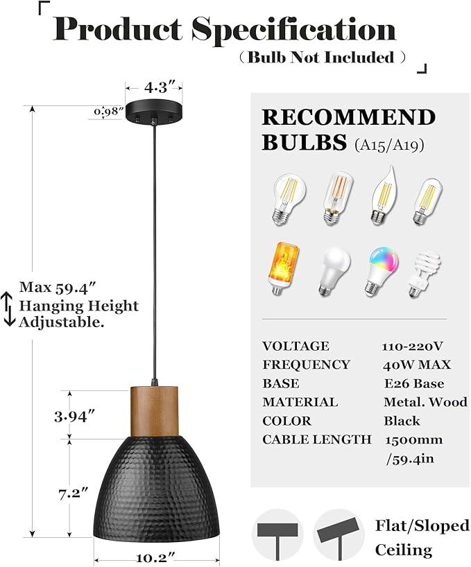 ELYONA Hammered Pendant Light, 10.2” Industrial Hanging Lamp with Solid Wood & Metal Shade, Modern Pendant Light Fixtures for Kitchen Island, Bar, Farmhouse Dining Room, Bedroom, Living Room, Black
