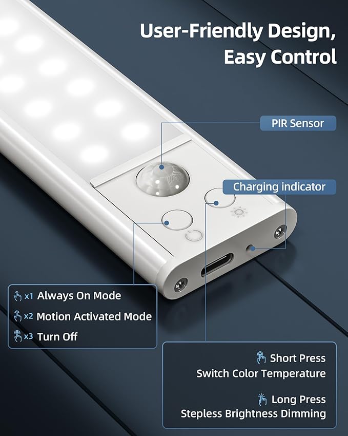 10inch Under Cabinet Lights, Wireless Closet Light, Motion Sensor, 1800mAh Rechargeable Battery, Magnetic, 3 Color Temps, 5 Levels Dimmable, Under Counter Lights for Kitchen (2 Pack)