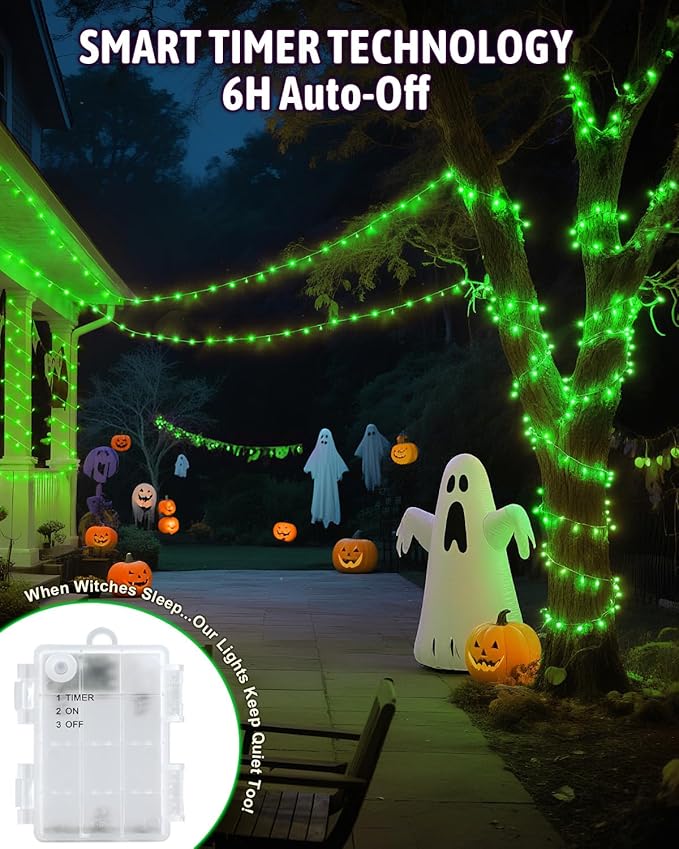Halloween Lights Battery Operated, Green Fairy Lights with Timer Waterproof 16.4ft 50 LED Halloween Decorations for Outdoor Indoor Patio Home Party Garden Yard Decor 2 Packs