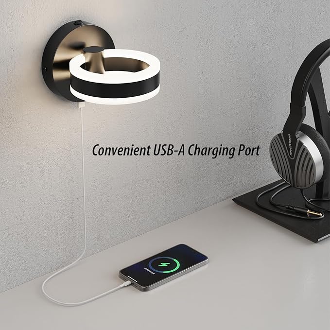 Wall Lamp LED Wall Sconce Rotatable Up-Down Sconces Wall Lighting with Built-in Switch and USB Charging Port 110 Volt AC Hardwired Wall Light (Black,2 Pack)