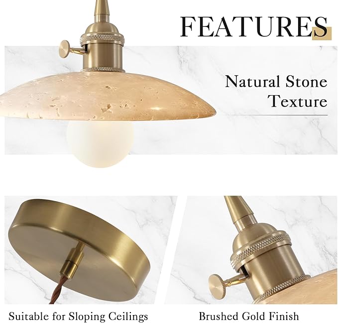 Natural Stone Shade Dome Pendant Light Wabi Sabi Style Island Pendant Lights Nordic Marble Hanging Light for Kitchen Island Dining Room, Wire Adjustable
