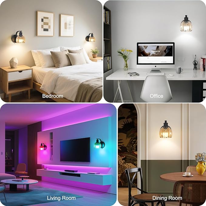 Rechargeable Battery Operated Wall Sconce Set of Two with Amber Glass Lampshade, Wireless Wall Scone Decor with Remote Control, 15 Colors Black Wall Light for Bedside Hallway Bedroom Doorway