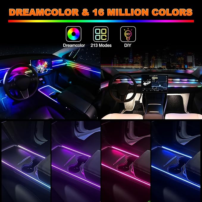 Interior Car LED Strip Lights, Acrylic LED Lights for Car with Dynamic Dreamcolor Chasing, Ambient Lighting Kits Music Sync Wireless APP and RF Remote Control (43.5+14.5'')