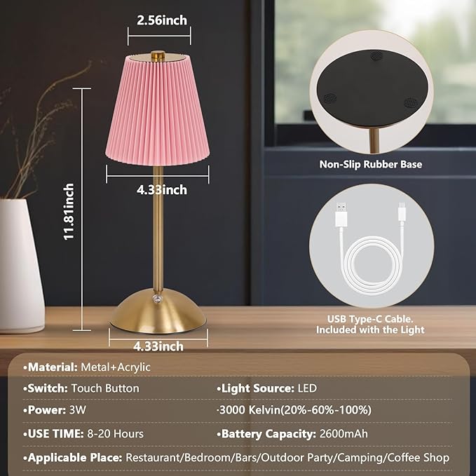 Pink Red Table Lamps, valentine night lights,Cordless LED Table Lamp with Dimmer, Built-in Rechargeable Battery,Patio Table Lamp, Bedside Night Lamp, Ambient Light for Restaurant, Antique Brass (pink)