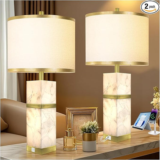Natural Alabaster Table Lamps Set of 2 - Table Lamp with Night Light for Bedroom,Nightstand Lamps with USB Ports,Bedside Lamps with Linen Fabric Shade for Living Room,Bedroom,Office,Bar(Bulb Included)