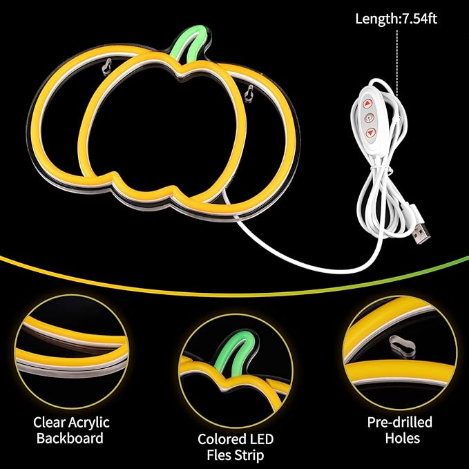 MissAudrey 2Pcs Halloween Orange Pumpkin Neon Sign Lights, Neon Sign Hanging for Wall Decor, Cute Vintage Fall Thanksgiving Decor for Table Kitchen Bedroom Living Room Bar Pub Club Party, Indoor Battery Operated or USB