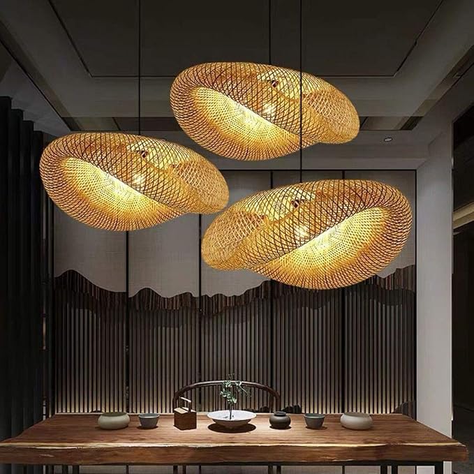 COSYLUX Farmhouse Rattan Pendant Light Fixture for Kitchen Island, Dining Room, 22'' Hand-Woven Bamboo Hanging Lamp, Rattan Chandelier Bird Nest Shape Pendant Light for Bar Cafe Living Room