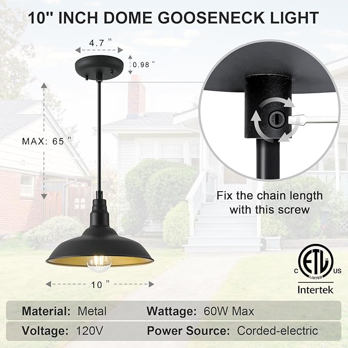 Farmhouse Pendant Lights with 10 Inch Dome, Barn Style Ceiling Mounted Light Fixture for Kitchen, Dinning Room, Black Hanging Lighting for Indoor and Outdoor Use, Height Adjustable