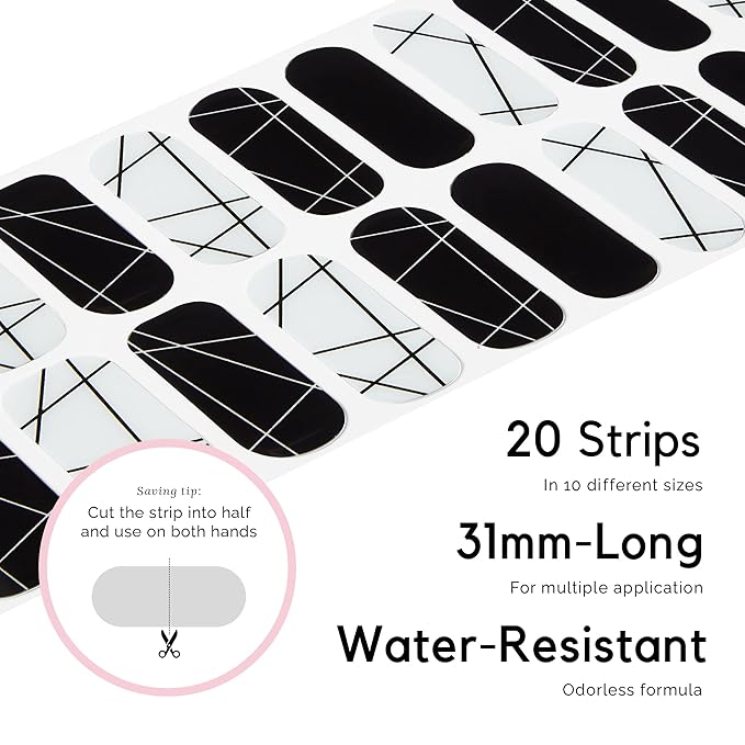 NAILOG Semi Cured Gel Nail Strips 20 Pcs | Buy 2 Get 1 UV Lamp | Extra Long Nail Wraps with Glossy Gel Finishing | B&W Composition