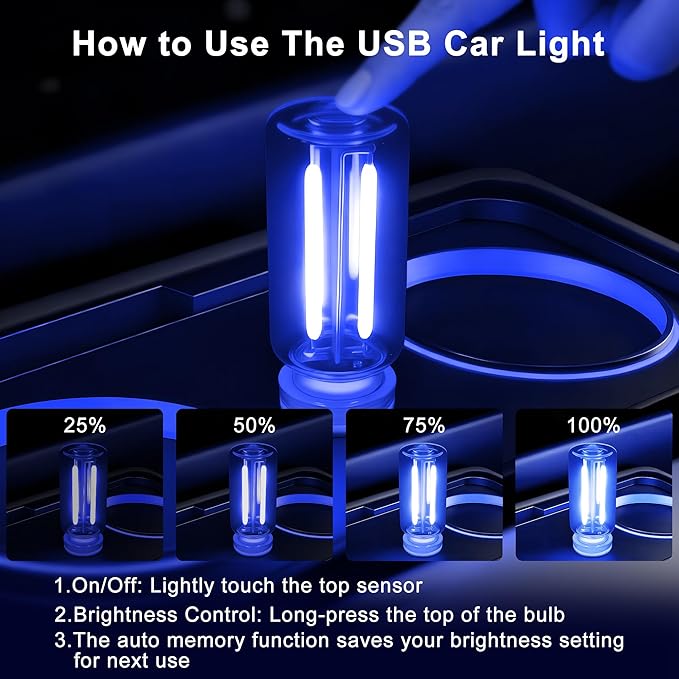 Car USB Night Light Touch Dimmable - 2-Pack Retro LED Filament Lamp for Truck Interior, Bedroom & Camping | Glass Bottle Ambiance Lighting (Blue)