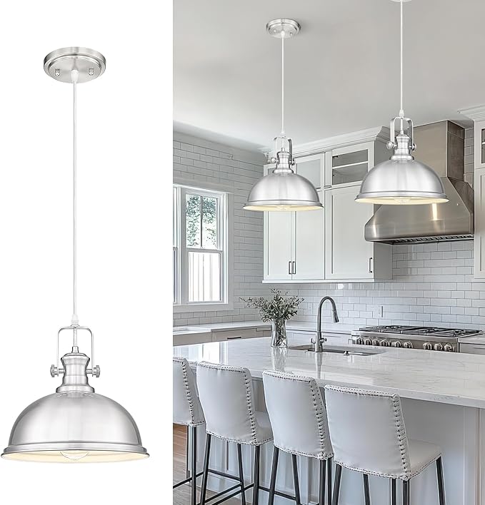 Pendant Lights Kitchen Island, Farmhouse Hanging Lights Fixtures with Metal Shade, Rustic Kitchen Pendant Lighting Over Island for Dining Room, Brushed Nickel, AD-2151-1PL-SN