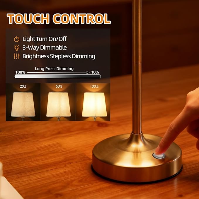 Cordless Table Lamp Gold with Dimmer, 4000mAH Battery Operated Lamp Rechargeable, 3 Color Temperature Touch Control Fabric Desk Light for Dining Room, Bedroom, Bar, Patio, Counter, Restaurant