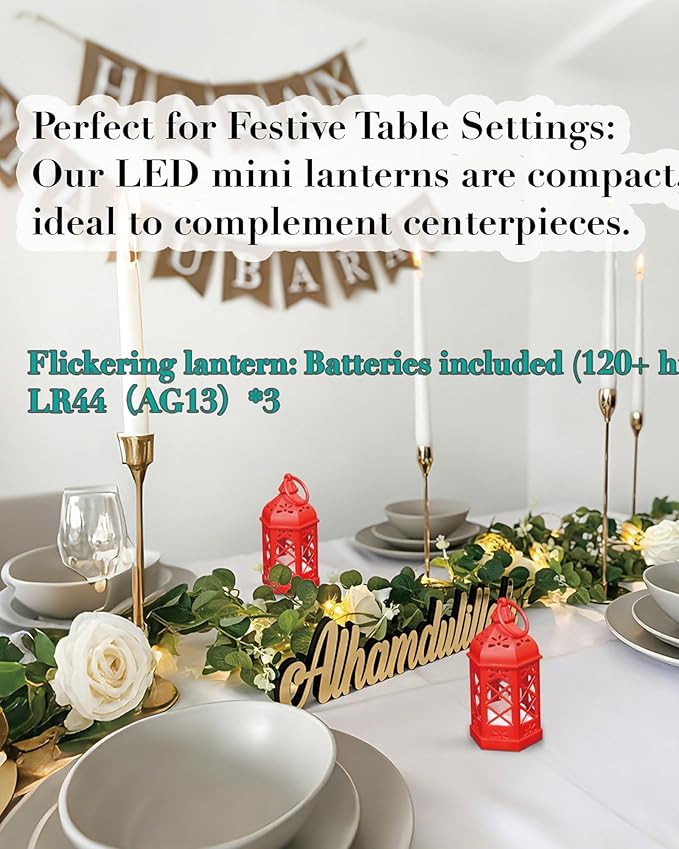 12-Pack Mini Lanterns for Ramadan, Christmas, Small Decorative Lanterns with Flickering LED Candle for Enchanted Forest Wedding Decor, Moroccan Lantern for Table Centerpiece & Ornament, Red