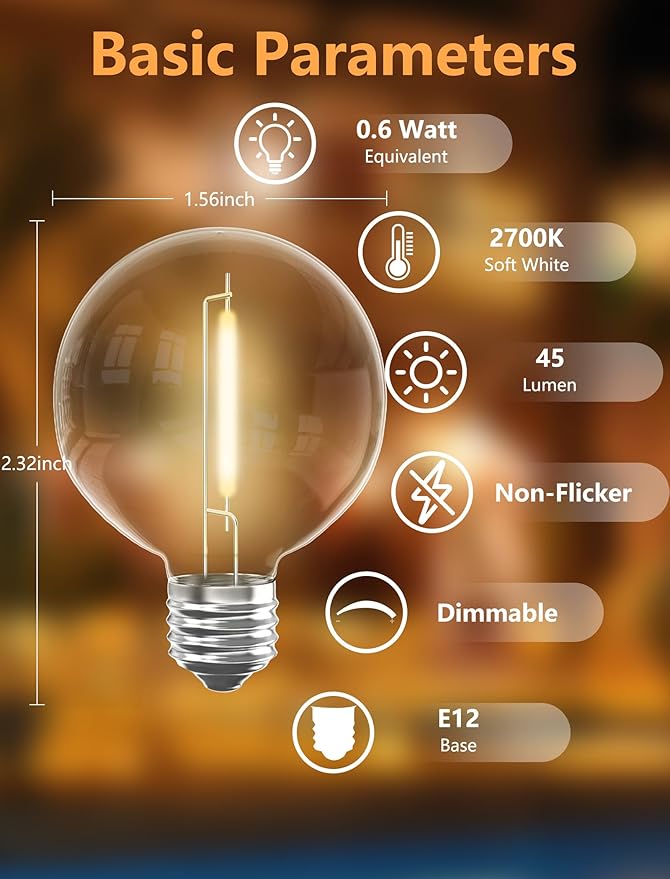 G40 LED Replacement Light Bulbs,25 Pack E12 Screw Base Clear Globe Bulbs for Outdoor String Lights,0.6W Shatterproof Dimmable Light Bulbs for Indoor Outdoor Patio Decor,Warm White
