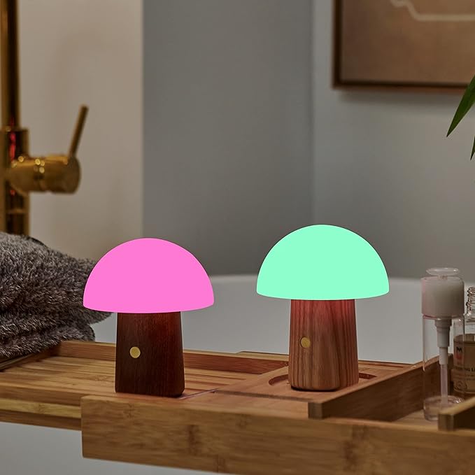 Gingko 7 Colour Changing RGB Alice Mushroom Lamp, Long Life Battery, USB-C Charging, 3 Light Modes, FSC Certified Wood with Frosted Glass, Touch Button Control (Mini, White Ash)