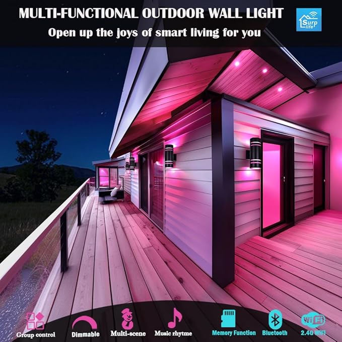 Smart RGB Outdoor Wall Lights, 2 Pack Front Porch Light Fixtures, Cylinder Up and Down Lights Outdoor Wall Sconce, Exterior Lighting Fixture Compatible with Google Assistant Alexa