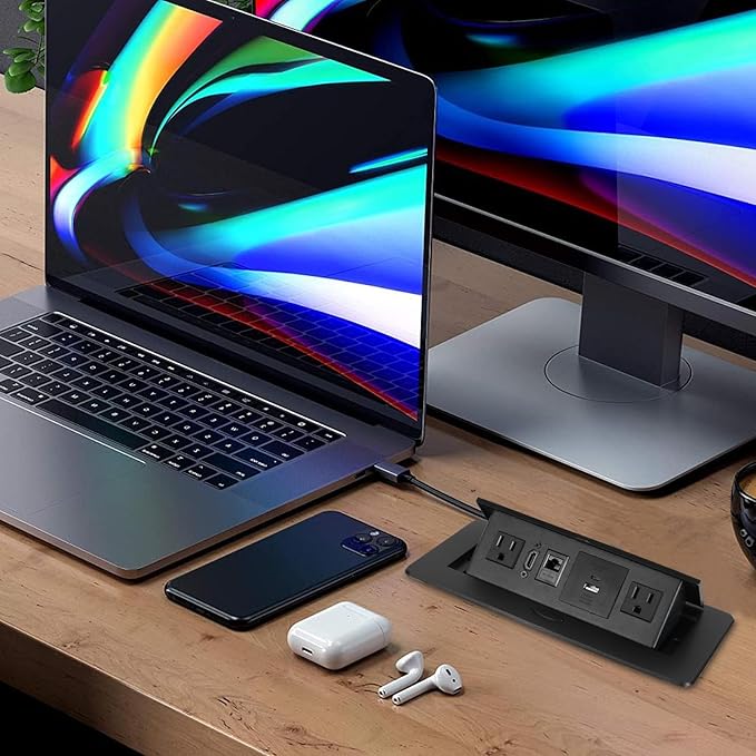 Table Pop Up Outlet,Automatic Pop up Strip Center countertop Socket Recessed Multimedia Strip Socket & USB+ 2AC+ LAN Network Connection Box Desktop HDMI for Conference Desk, Office, Hotel(Black-2)