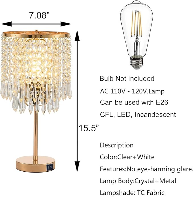 Crystal Table Lamps Set of 2, Gold Lamps for nightstand with 2 USB Charging Ports, 3-Way Touch Dimmable Crystal Desk Lamp, Gold Bedside Lamp with Elegant Shade for Bedroom, Living Room