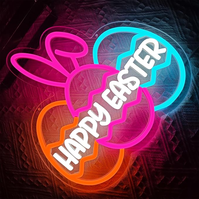 Happy Easter Neon Sign for Wall Decor Three Easter Egg Led Sign Bunny Neon Light Up Sign for Neon Wall Art Party Home Room Decor Gift for Kids