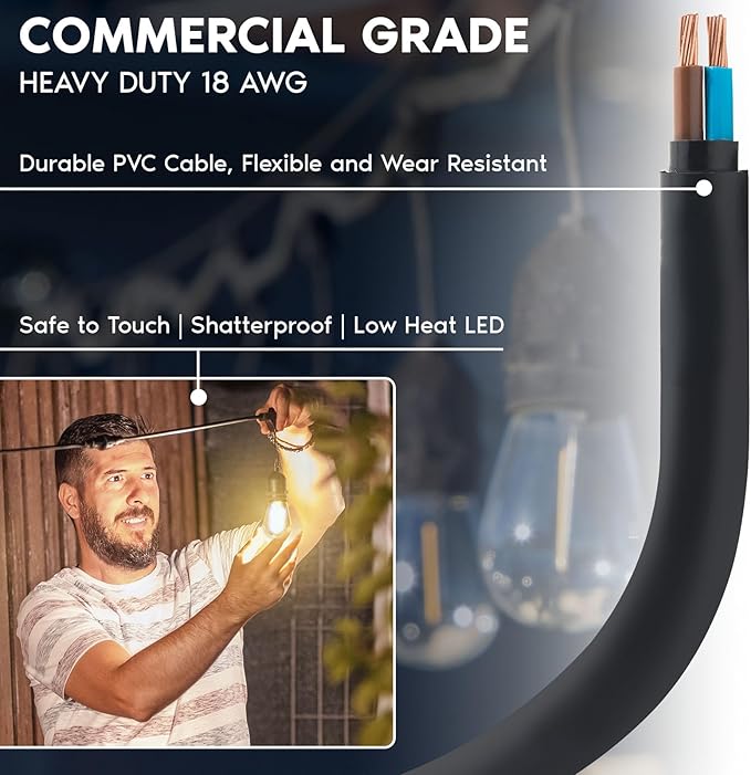 LUXRITE 48FT LED Outdoor String Lights Commercial Grade Waterproof, 24 Edison S14 Shatterproof Bulbs, Hanging Lights for Patio, IP65, Decorative Outside Lights for Backyard Garden Cafe Balcony