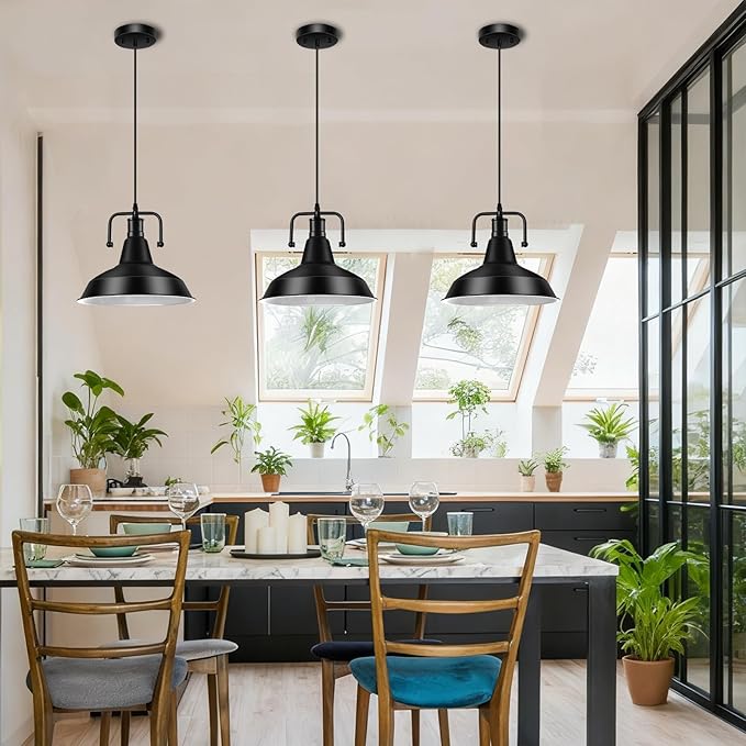 3PCS Farmhouse Pendant Light for Kitchen Island, Black Pendant Lights Fixtures with Metal Shade, Industrial Barn Hanging Lights for Hallway, Kitchen, Sink, Dining Room, Living Room（Bulb not Included）