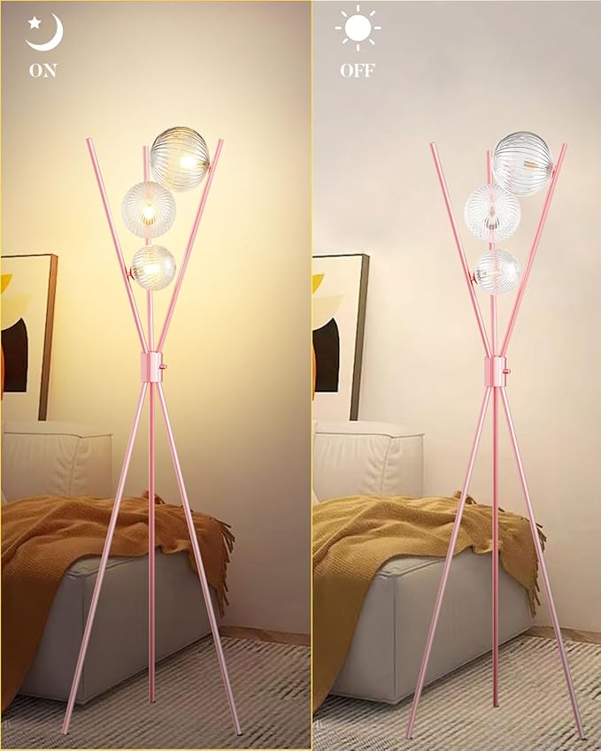 Lightdot Tripod Floor Lamp Dimmable Pink Standing Lamps with Globe Clear Glass Lampshade 3PCS 3000K Bulbs Included Mid Century Modern Floor Lamp for Living Room/Bedroom/Sofa Beside/Corner Decor