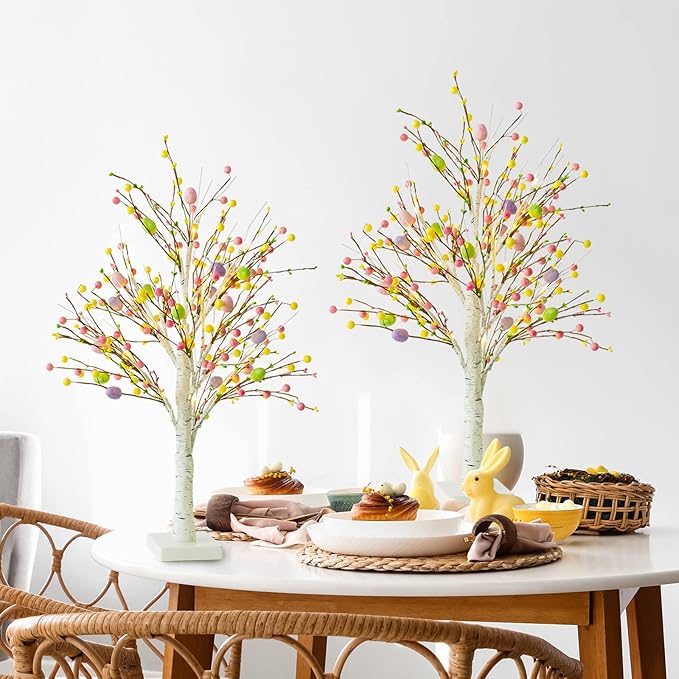 Ethlomoer Easter Decorations, 2 Pcs 25 Inch Pre-Lit Easter Egg Tree with Timer, Battery Powered Easter Birch Tree with 24 LED Lights, Easter Trees for Home Party Wedding Holiday Spring Decoration