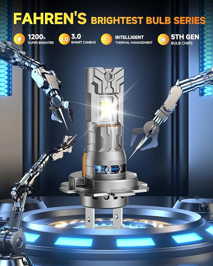 FAHREN H7/H7LL Light Bulbs, [5th-Gen & Brightest] 60000LM 12X Ultra Brighter, 1:1 Mini Size Real Plug and Play, No Extra Adapter Needed, 6500K Cool White H7 Fog Light Bulbs with Cooling Fan, Pack of 2