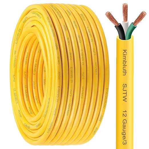 SJTW 12/3 Wire 50FT Heavy Duty Copper Wire, 12 Gauge 3 Conductor Outdoor Extension Power Cable for Battery, Automotive， Motor, Industrial