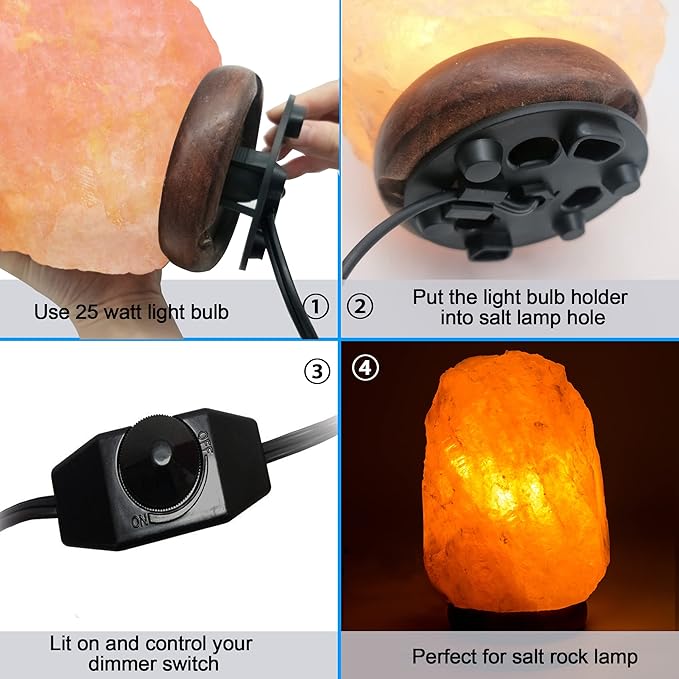 haraqi Himalayan Salt Lamp Cord (6ft) with Dimmer Switch,Original Replacement Cord with Base Assembly(3.34 Inches) and 6 Piece 25 Watt E12 Bulbs for Salt Rock Lamp