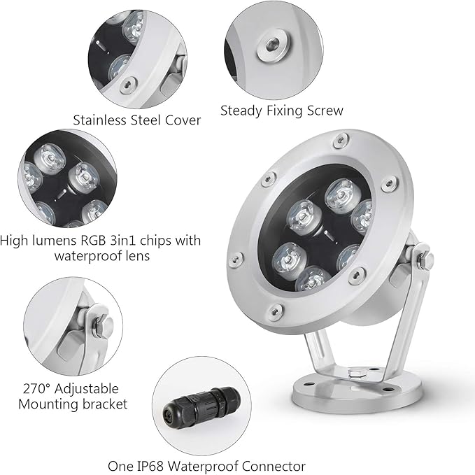 Underwater Light 18W RGB Waterproof Grade IP68 LED Color Changing Spot Light Landscape Lighting Suitable for Swimming Pools, Fountains, Waterfalls, Aquariums（Not Include Transformer）