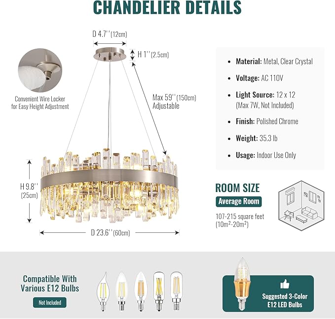Siljoy Modern Crystal Chandelier for Dining Room, 12 Lights Luxury 2-Tiers K9 Crystal Chandelier Raindrop Pendant Ceiling Light for Living Room Kitchen Island Entry Foyer D23.6'', Brushed Nickel