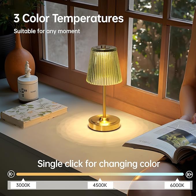 Cordless Touch Table Lamp with 5200mAh Battery - 3 Adjustable Color Temperatures & Dimmable, Rechargeable Desk Lamp for Bedroom, Living Room, Office, Entryway, Bookshelves (Green Stripe)