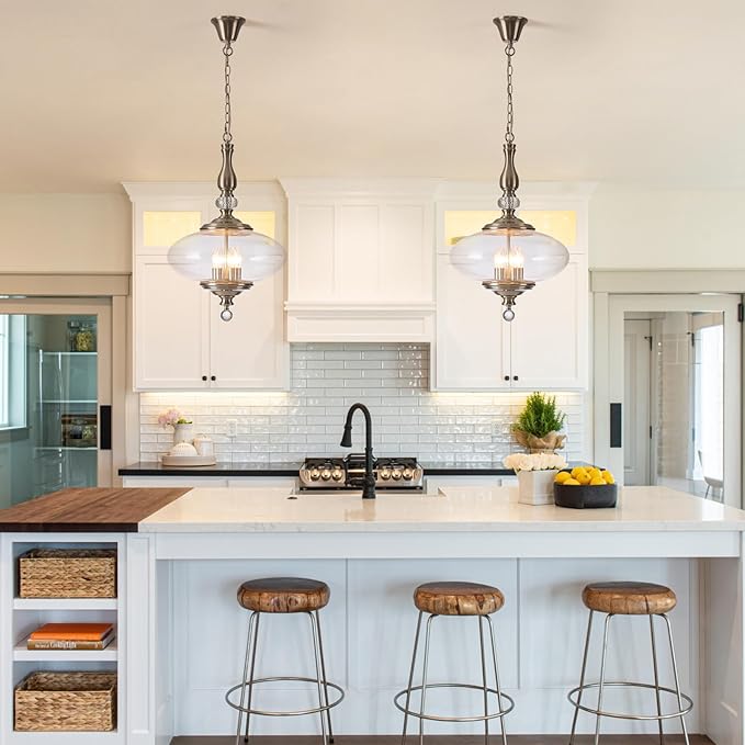 Modern Glass Large Pendant Light Brushed Nickel 5-Light Chandelier,H 27.5" x W 15.7" for Dining Room, Kitchen Island, Hallway