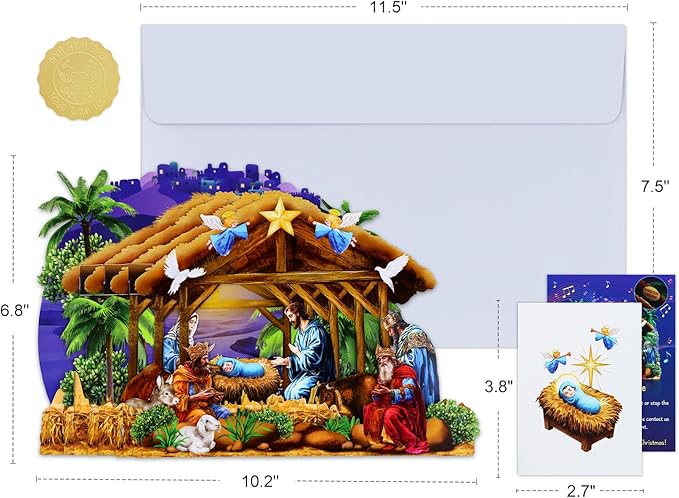 FaCraft Religious Nativity Musical Christmas Cards, 10"x7" Handmade 5-Layer 3D Pop Up Christmas Cards Gift Jesus Christ Birth Scene Decoration with Envelope, Blank Note, Seal, for Family Friends Kids