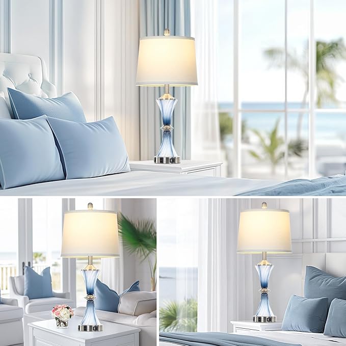 Blue Glass Table Lamp with USB C+A Ports & AC Outlet,Coastal Bedside Lamp for Night Stands Bedroom Living Room,Nightstand Lamp LED Bulbs Included,Single Blue